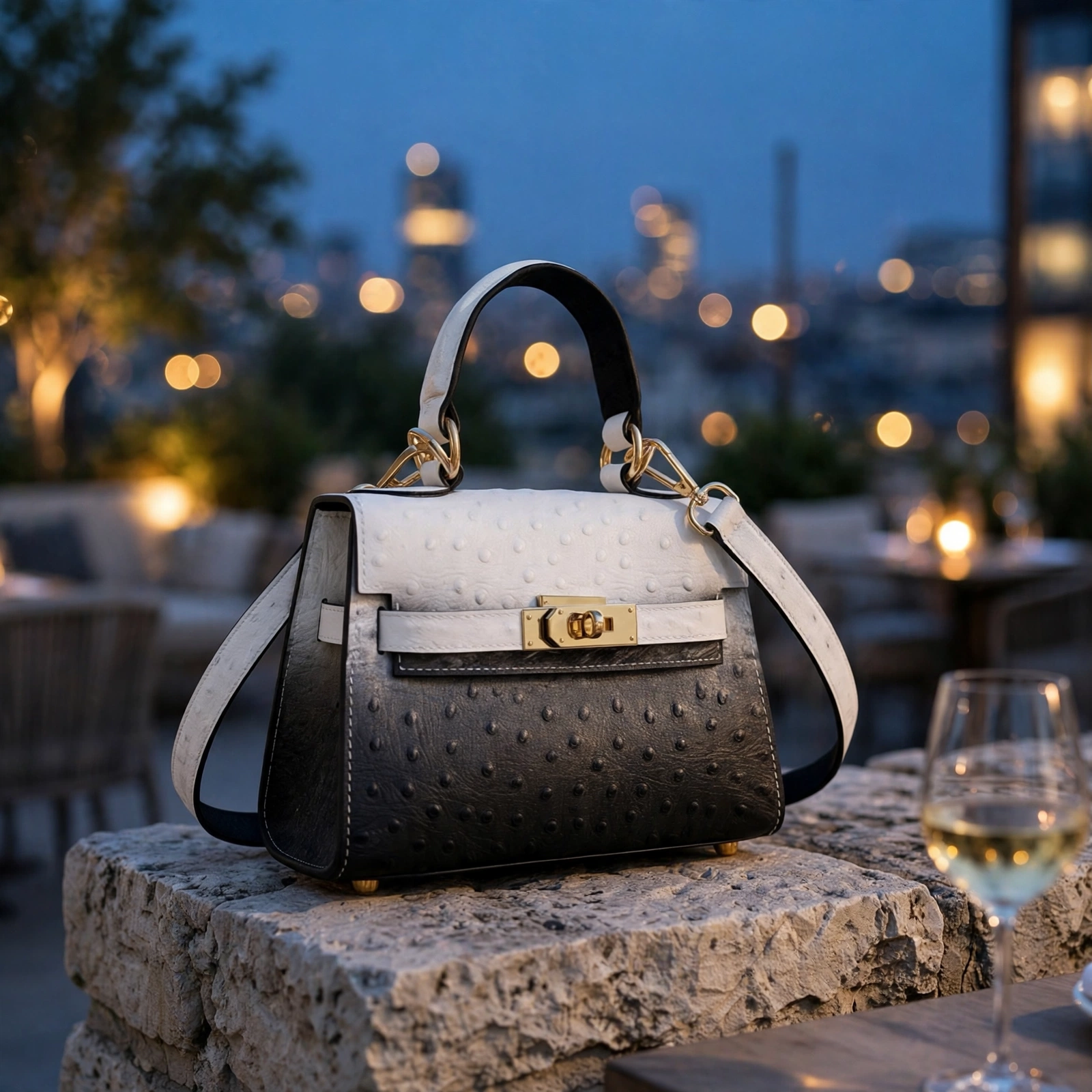 Ostrich Mini Bag at rooftop evening