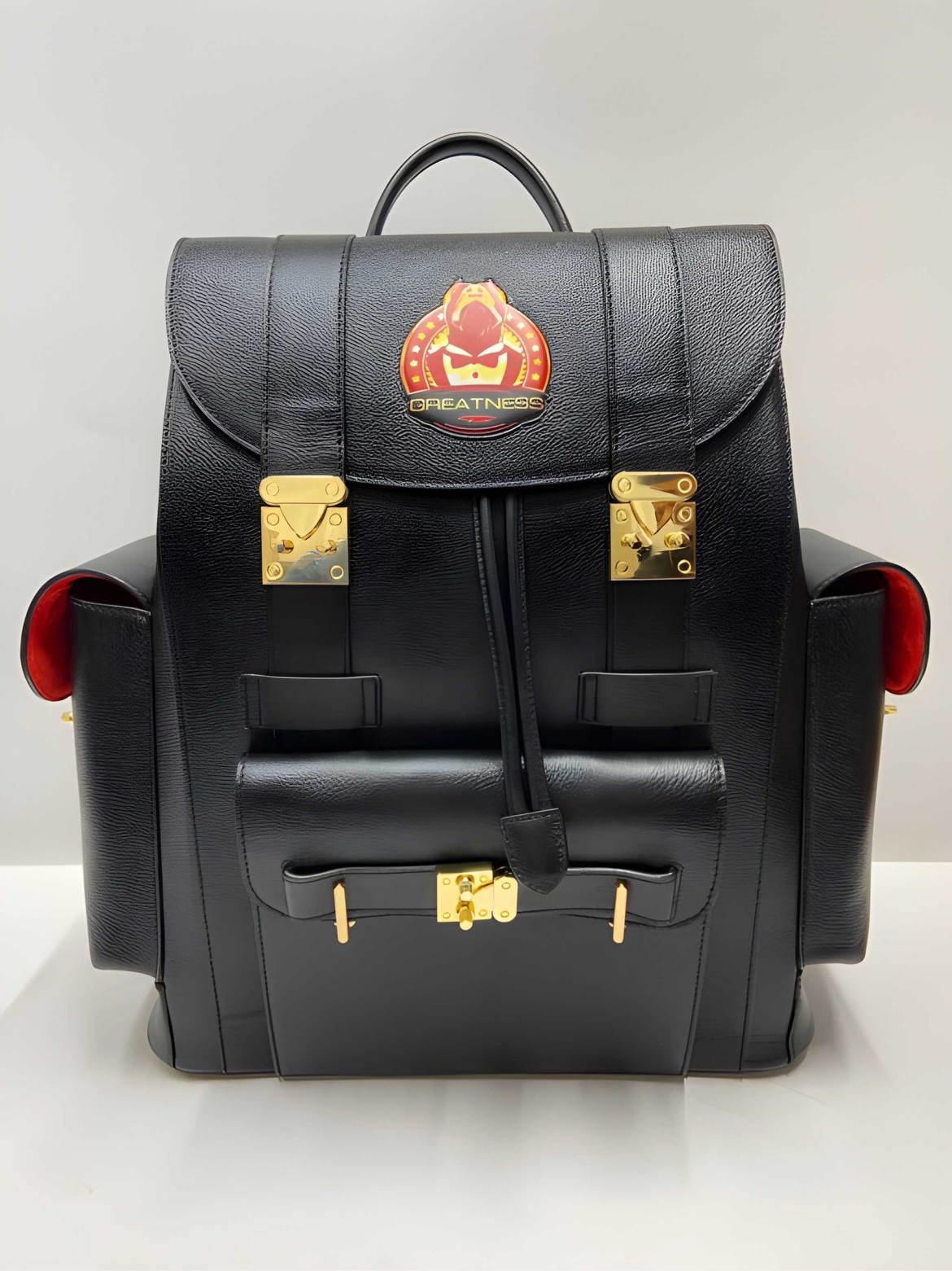 SIYL The Greatness Backpack — black leather front view with Greatness emblem