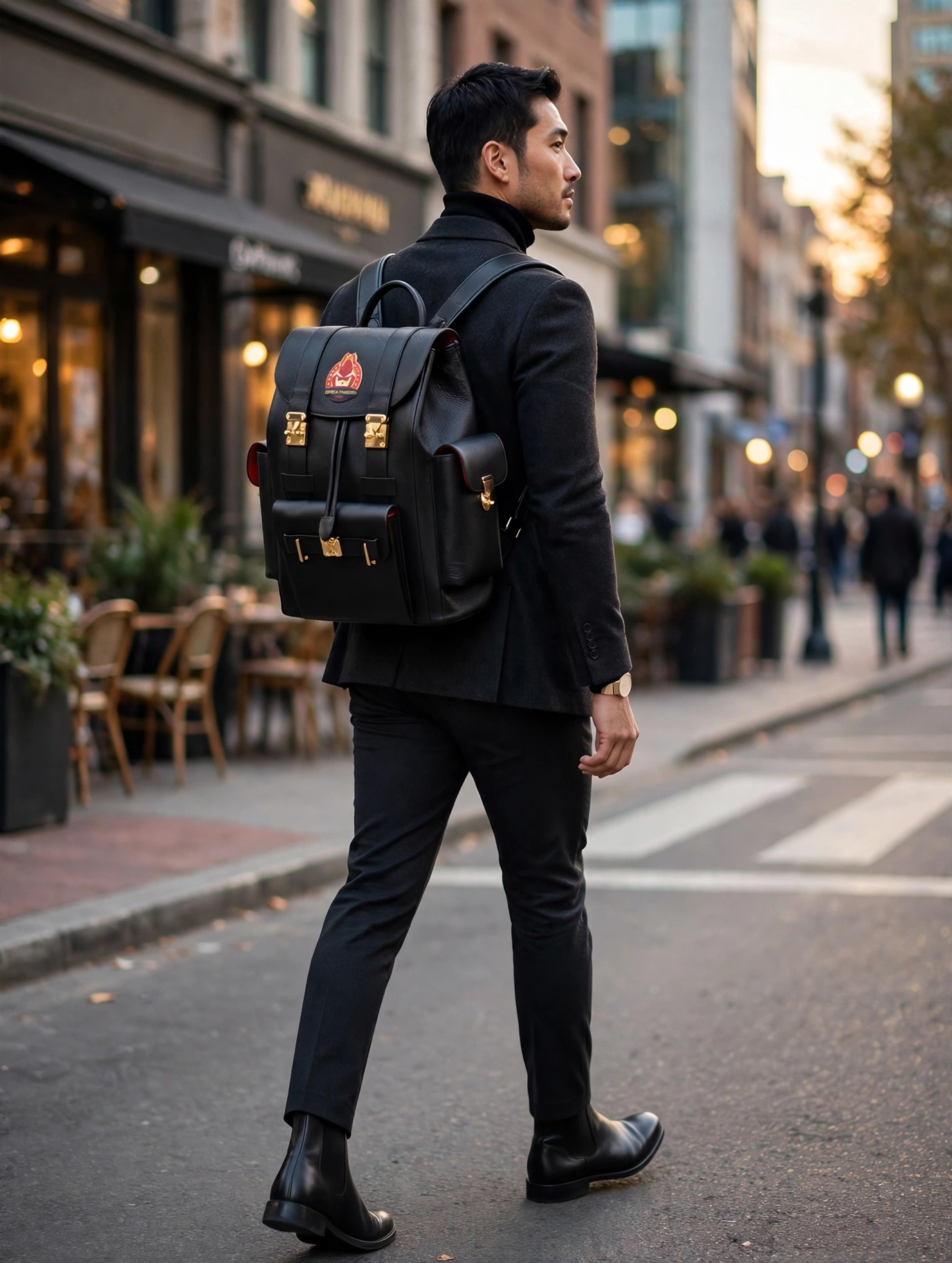 Male model wearing The Greatness Backpack on city streets
