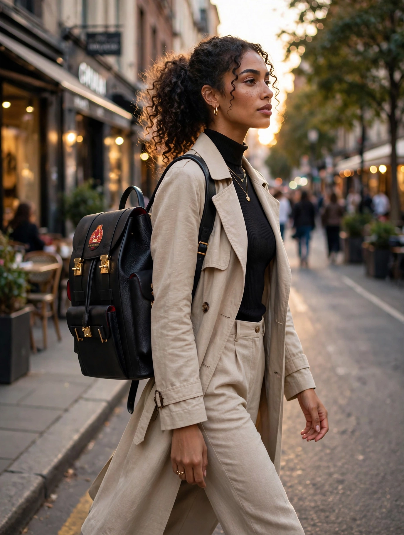 Female model wearing The Greatness Backpack on city streets
