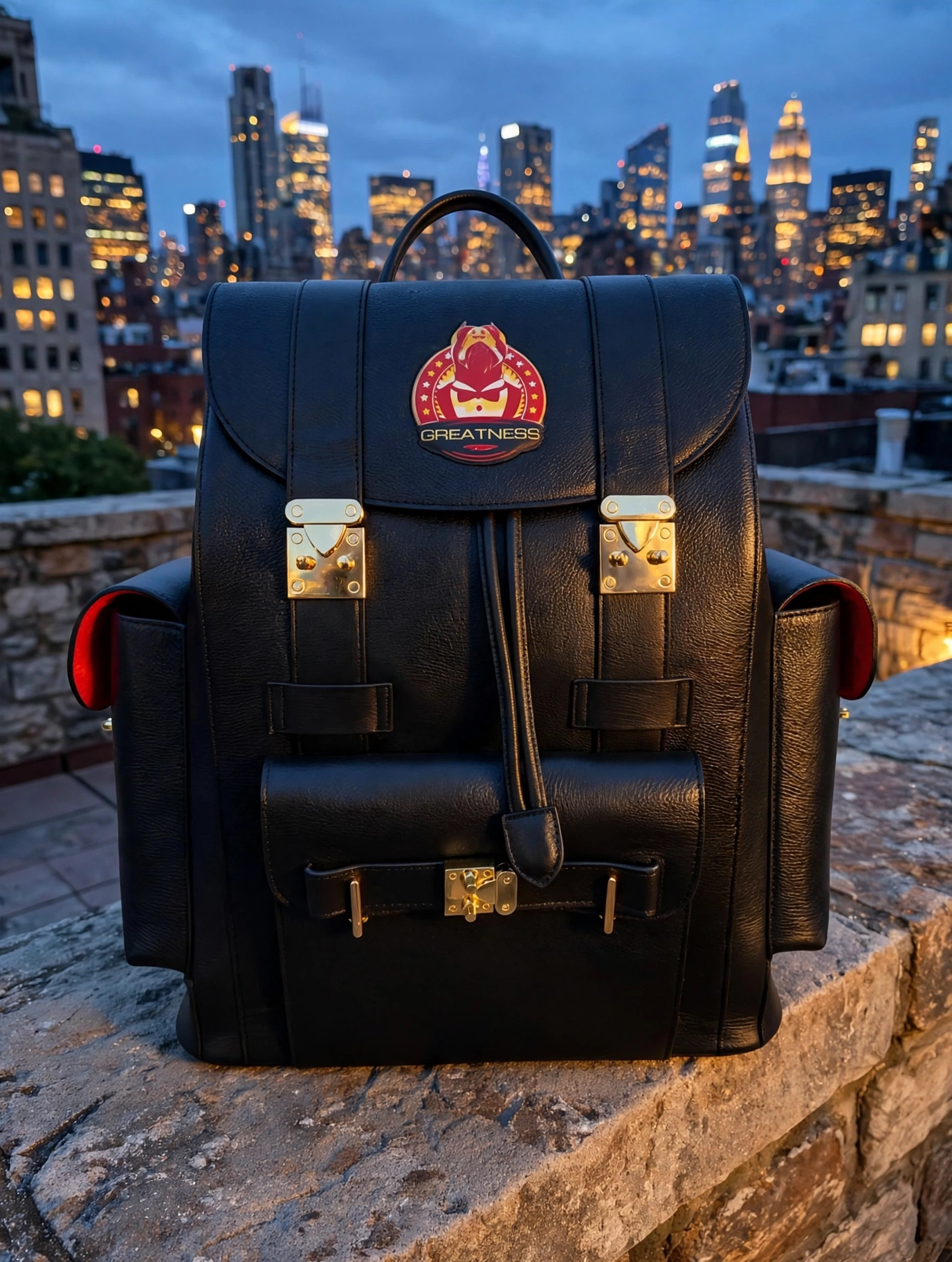 The Greatness Backpack at rooftop dusk
