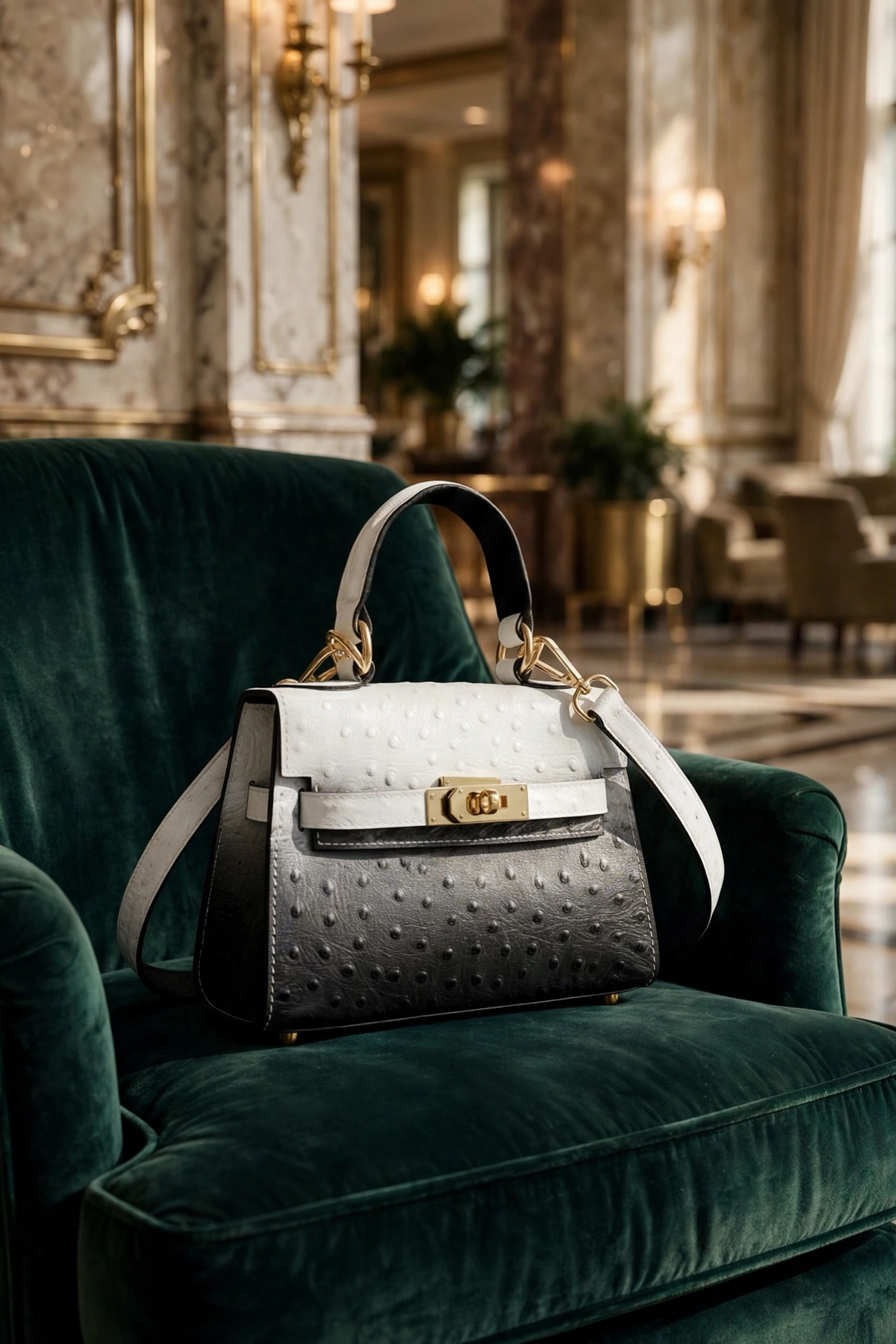 Ostrich Mini Bag in grand hotel lobby