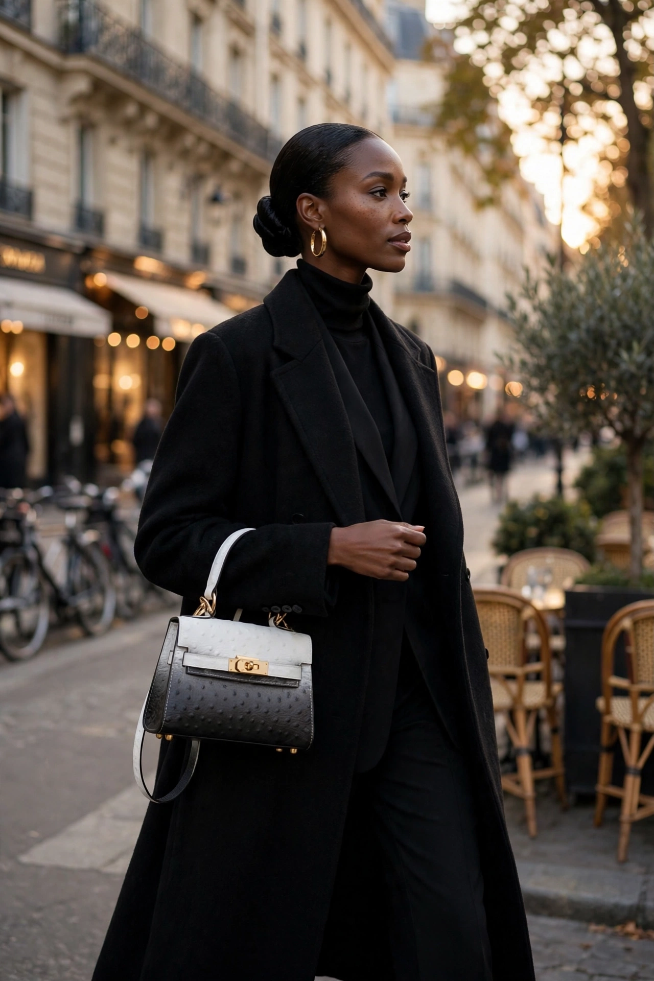 Female model with Ostrich Mini Bag on Paris streets